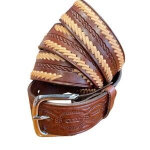 Brown Leather Mens 44 Western Belt Beige Dk Brown Stitching Southwest Cowboy